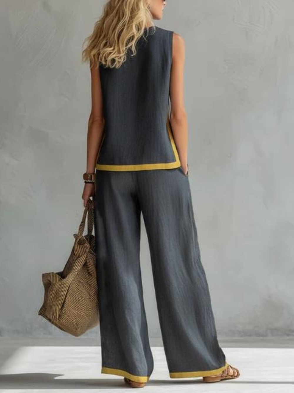 Daphne Sleeveless Charcoal Gray & Orange Trim Wide-Leg Pants Suit - Picture 3 of 4